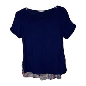 Honey Punch | Navy Blue Paisley Short Sleeve Pullover Blouse Top, Large